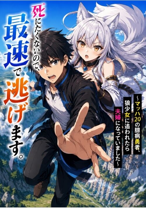 『『死にたくないので、最速で逃げます。～マッハ2の臆病勇者、狼少女に追われたら夫婦になっていました～』』（トンカツうどん） 表紙