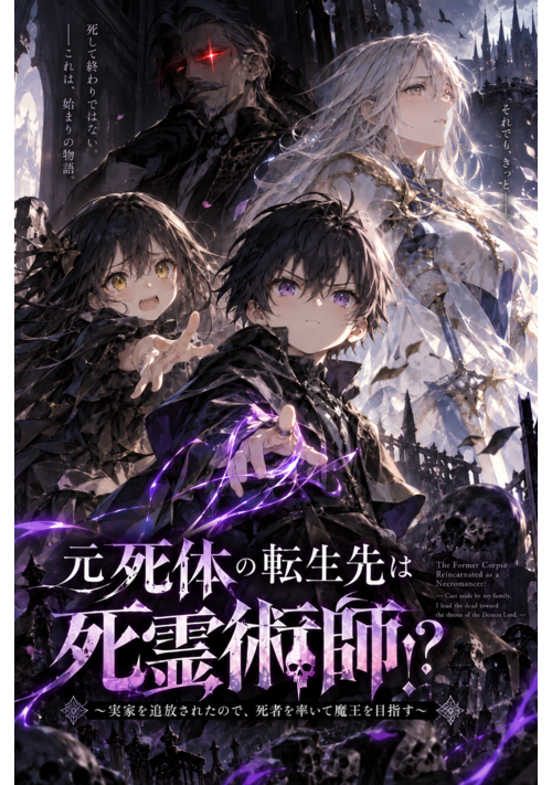 『元死体の転生先は死霊術師!?～実家を追放されたので、死者を率いて魔王を目指す～』（山梔子寧々(くちなしねね)） 表紙