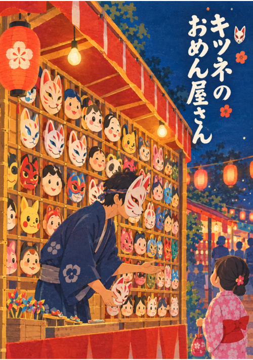 『キツネのおめん屋さん』（よこいみさと） 表紙