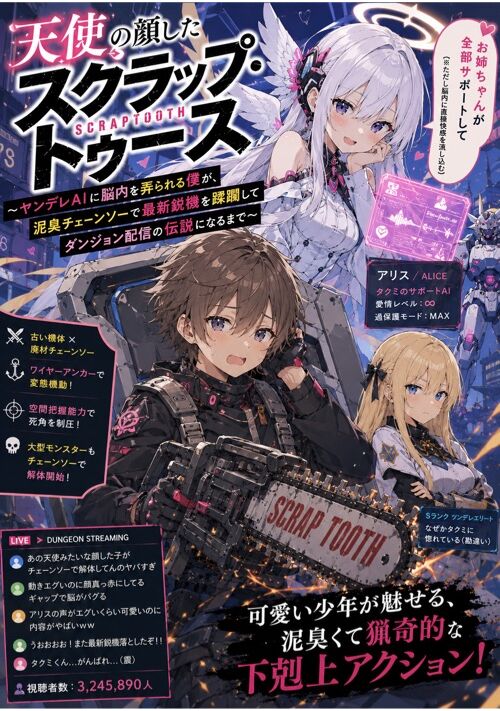 『『天使の顔したスクラップ・トゥース〜ヤンデレAIに脳内を弄られる僕が、泥臭チェーンソーで最新鋭機を蹂躙してダンジョン配信の伝説になるまで〜』』（ぱすた屋さん） 表紙