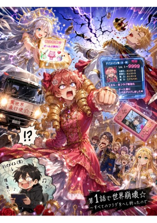 暴走トラックと女神とゲーム機に同時に轢かれた俺、乙女ゲームの悪役令嬢になって婚約破棄されたあげく勇者パーティから解雇から1話で世界崩壊する話