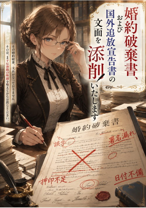 婚約破棄書、および国外追放宣告書の文面を添削いたします