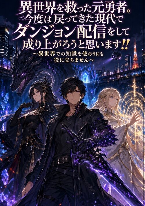 『異世界を救った元勇者。今度は戻ってきた現代でダンジョン配信をして成り上がろうと思います！！〜異世界での知識を使おうにも役に立ちません〜』（マカロニ） 表紙