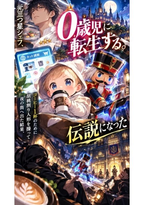 『元三つ星シェフ、０歳児に転生する。コーヒー１杯のために胡桃割り人形を操って夜の街へ出た結果、伝説になった』（月神世一） 表紙