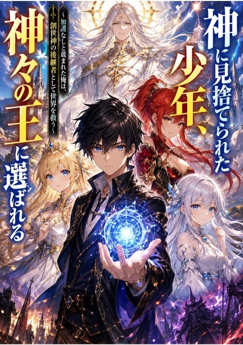 『神に見捨てられた少年、神々の王に選ばれる ～加護なしと蔑まれた俺は、創世神の後継者として世界を救う～』（由香） 表紙