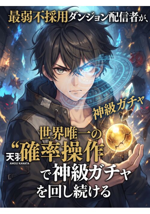 『確率操作の底辺配信者　～全ステータスEで三十社に不採用だった俺、1%を100%に書き換えて神級ガチャを引き続ける～』（みぎみみ） 表紙