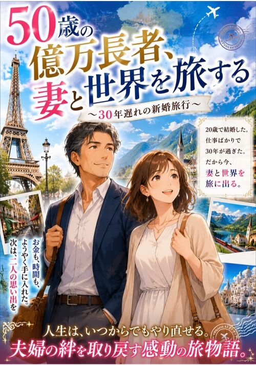 『『50歳の億万長者、妻と世界を旅する』  ～30年遅れの新婚旅行～』（響那威蘊） 表紙