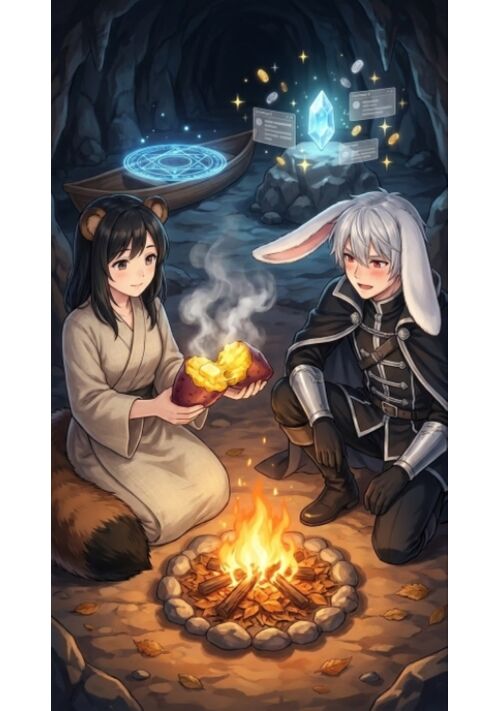『『泥舟には乗りません！〜転生たぬきのダンジョン焼き芋配信と、討伐隊の過保護なうさぎ様〜』』（白狸） 表紙