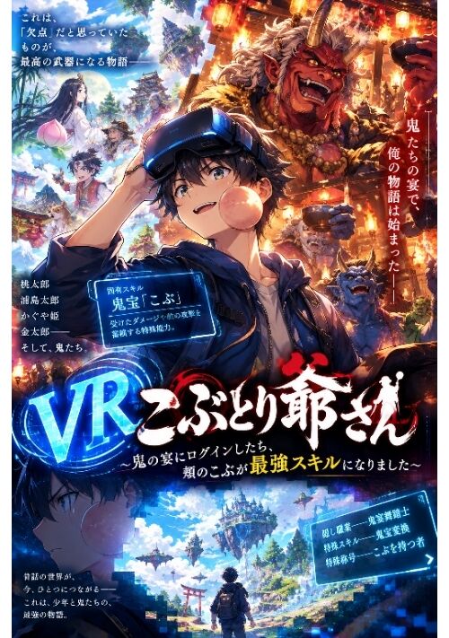 『『VRこぶとり爺さん ～鬼の宴にログインしたら、頬のこぶが最強スキルになりました～』』（クタコンドリア） 表紙