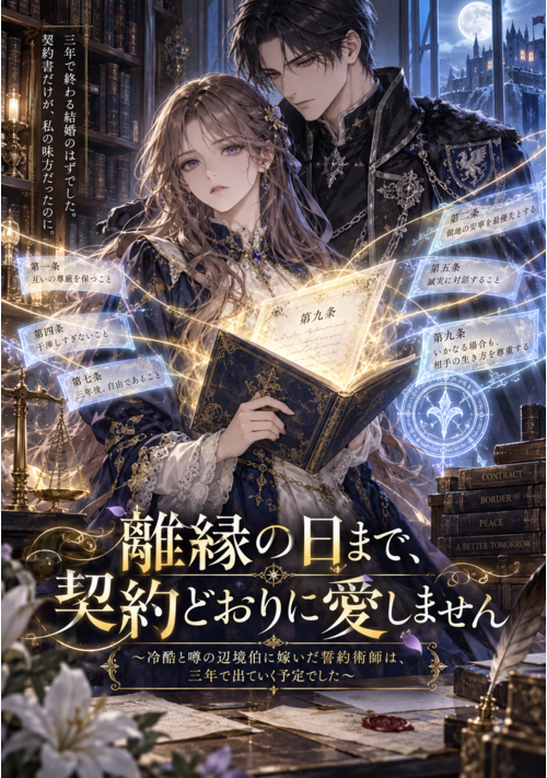 『離縁の日まで、契約どおりに愛しません ～冷酷と噂の辺境伯に嫁いだ誓約術師は、三年で出ていく予定でした～』（やまご） 表紙