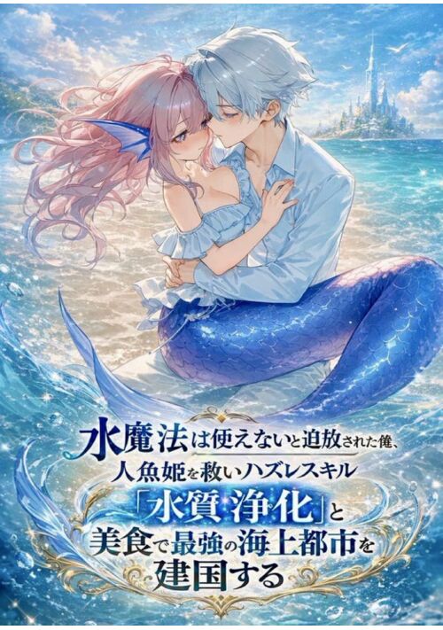 『水魔法は使えないと追放された俺、人魚姫を救いハズレスキル「水質浄化」と美食で最強の海上都市を建国する』（猫塚ルイ） 表紙