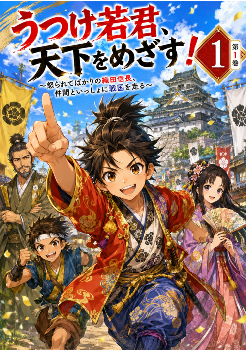 『『うつけ若君、天下をめざす！  〜怒られてばかりの織田信長、仲間といっしょに戦国を走る〜』』（御腐万太郎） 表紙