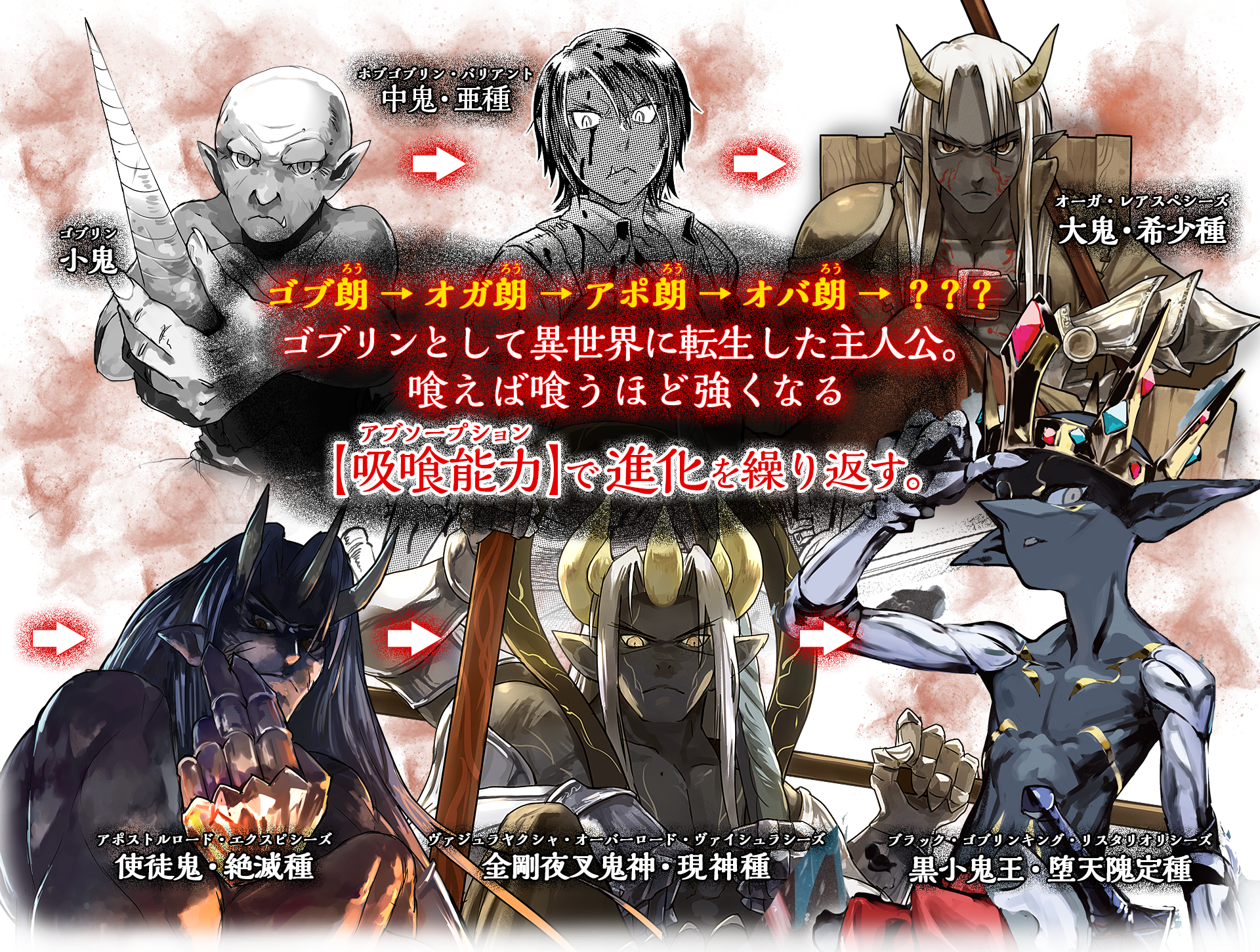 ゴブリンとして異世界に転生した主人公。喰えば喰うほど強くなる【吸喰能力（ルビ：アブソープション）】で進化を繰り返す。