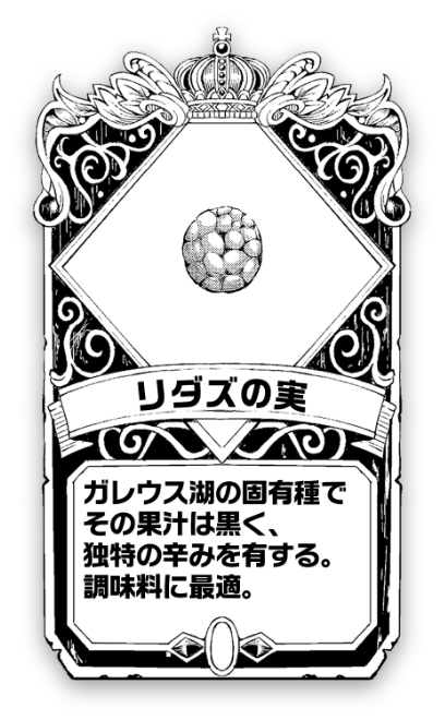 リダズの実 ガレウス湖の固有種でその果汁は黒く、独特の辛みを有する。調味料に最適。